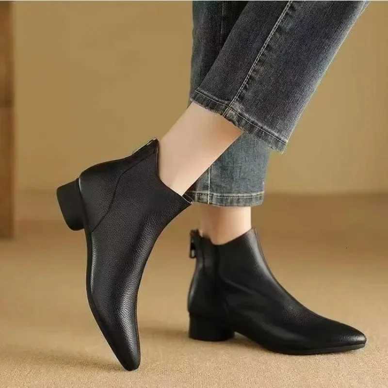 New autumn and winter soft leather bare boots with pointed and thick matching boots French retro short boots for womenT251223