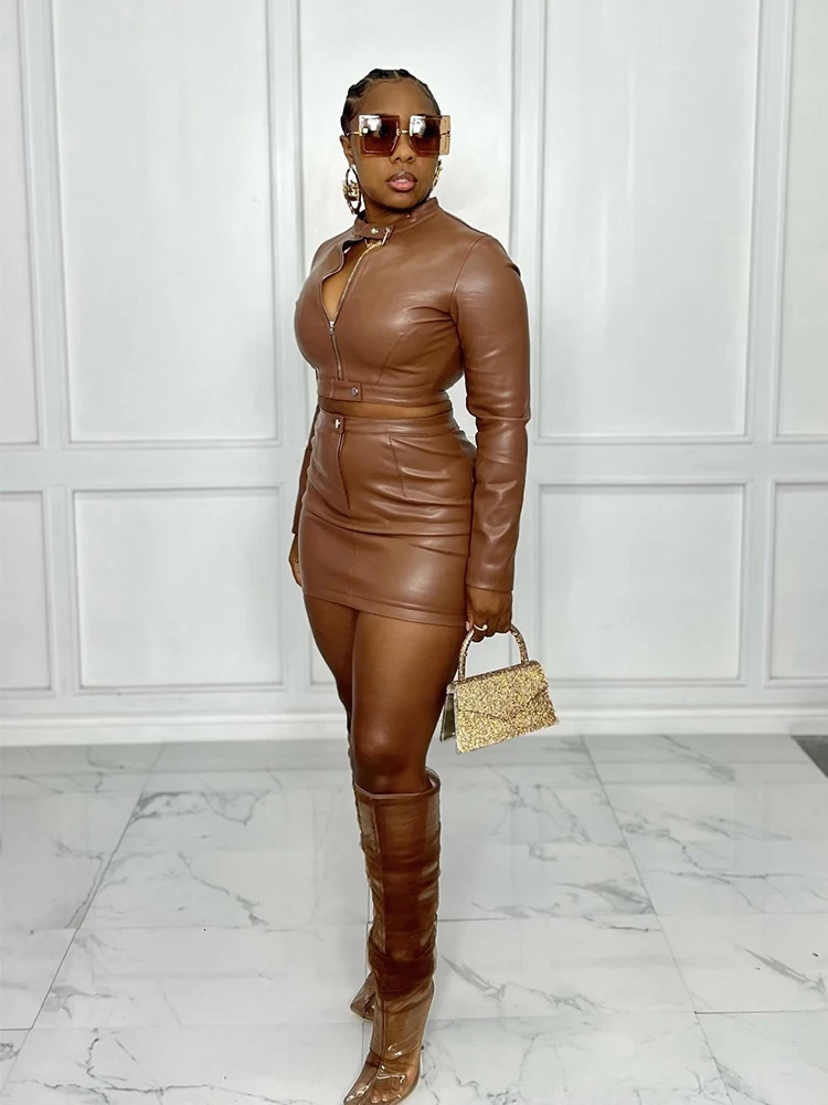 Two Piece Set for Women Night Club Outfits Long Sleeved Top and Leather Mini Skirt Sexy Outfits Female Wholesale Drop 251222 - view 7