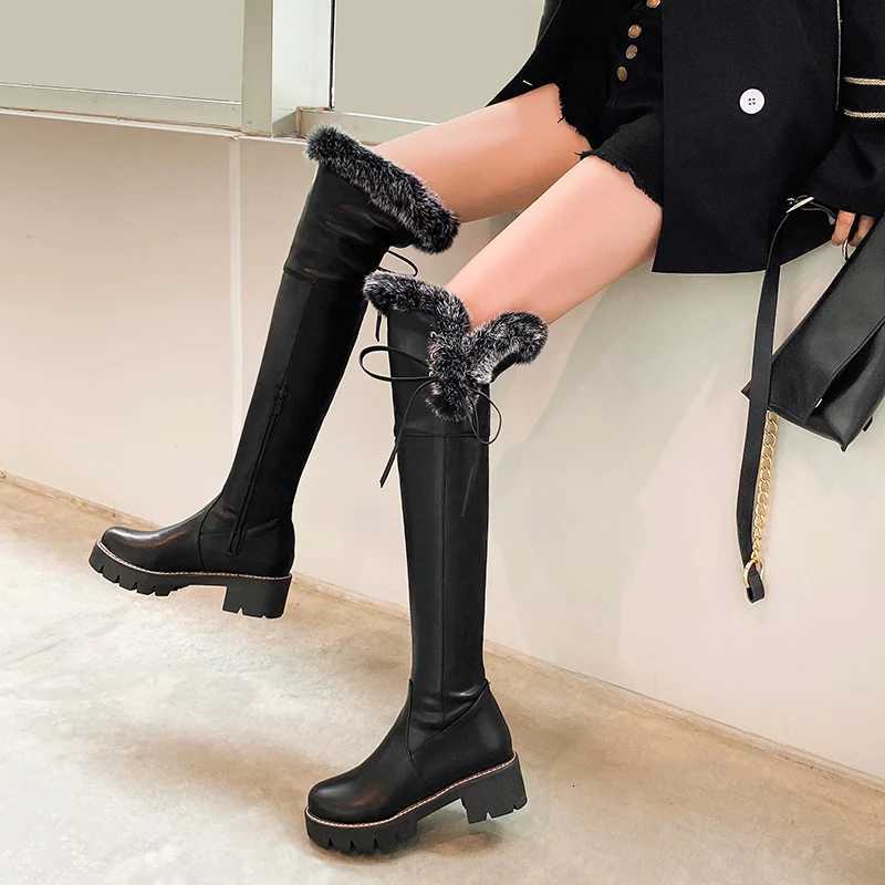 Cuffed Faux Fur Thick-Soled Over-The-Knee Boots Lace-Up Side Buckle Sweet Thick-Heeled Boots Warm And Comfortable Womens ShoesT251223