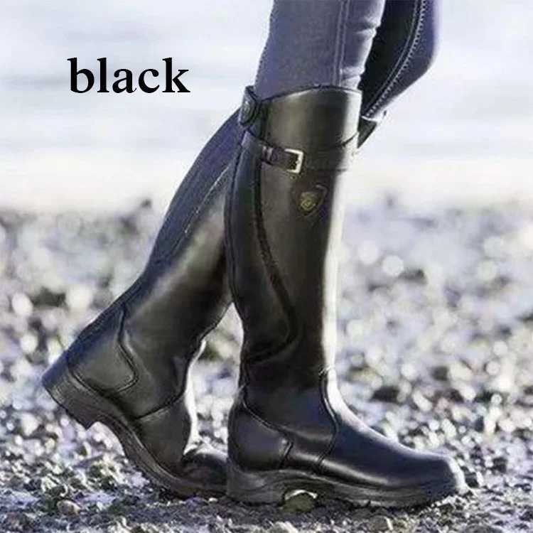 Women Winter Fashion Leather Low Heel Boots Zipper Knight Boots Vintage Outdoor Riding Boots Long Boots Knee High BootsT251223