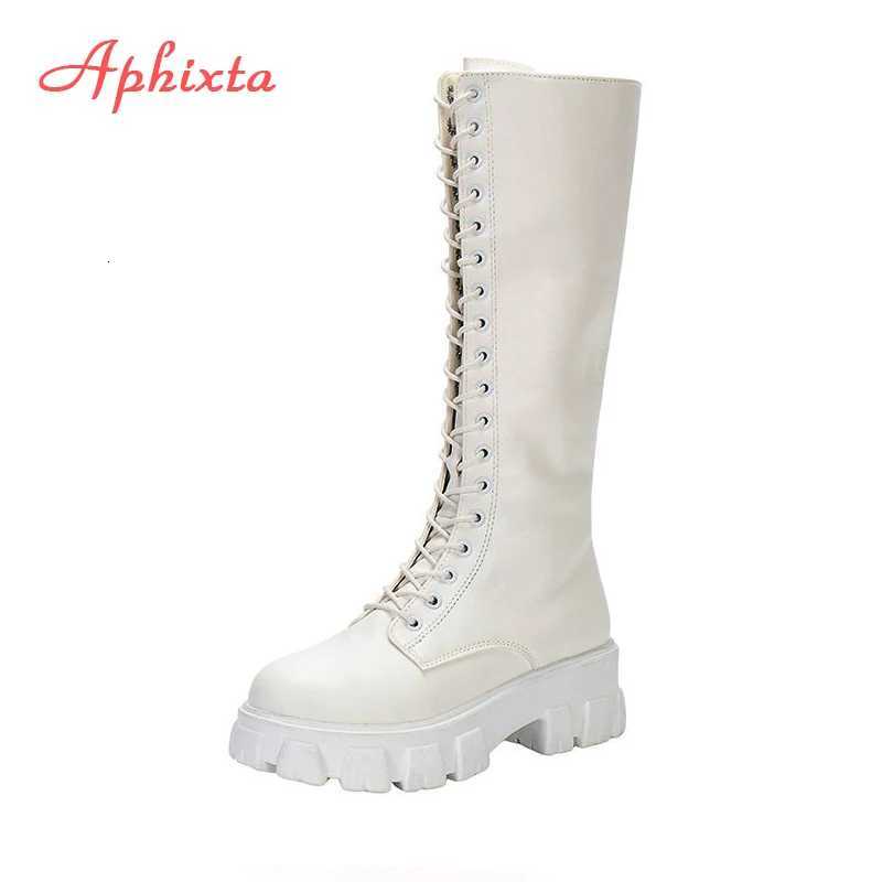 Aphixta 2025 Winter Shoes Womens Long High Boots White PU Leather Knee High Boots Female Fashion Lace Up Platform Botas MujerT251223