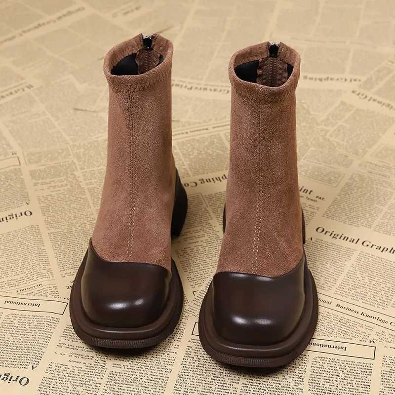 Autumn Winter Women Ankle Boots Fashion Patchwork Leather Thick Bottom Shallow Short Boots Low Heels Flock Ladies Platform ShoesT251223