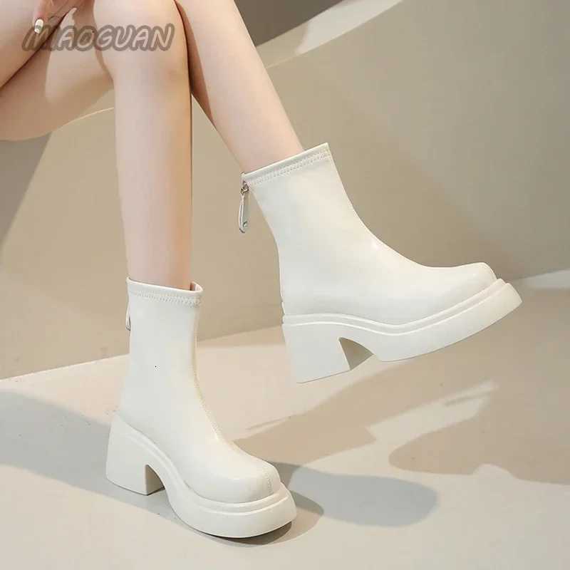 Thick Bottom Ankle Boots for Women Spring Autumn Fashion Black White Womens Shoes Chunky High Heels Round Head Short BotinesT251223