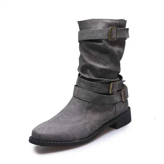 Large Mid Length Retro Boots for Women 2024 Autumn and Winter New Item Solid Color Fashion Boots Buckle Casual Knight BootsT251223