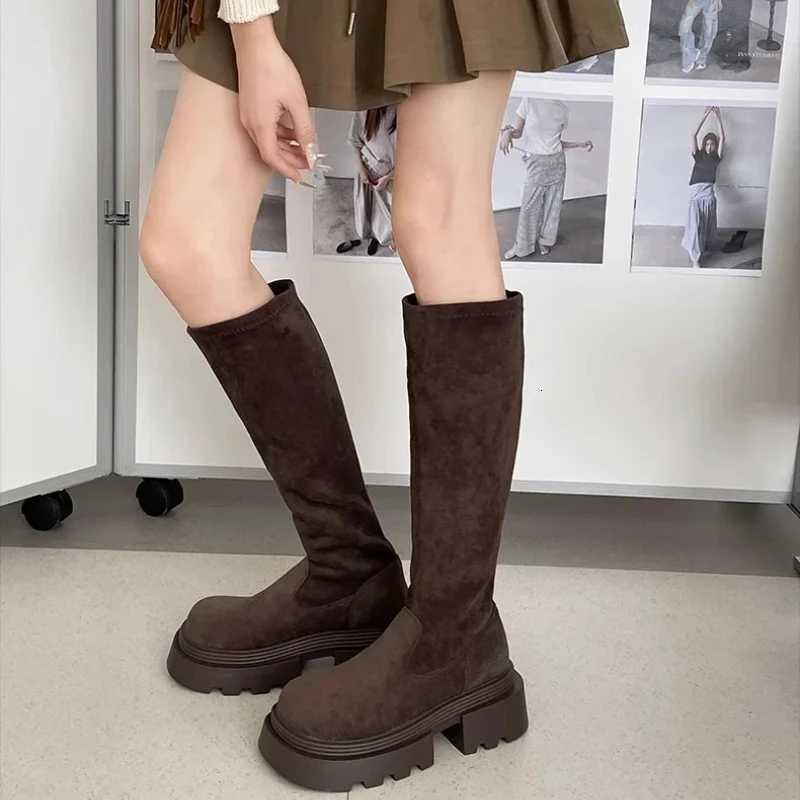 Winter Platform Punk Style Woman Knee High Boot Concise Slip On Elastic Slim Shoes Ladies Thick Bottom Knight Long BootiesT251223