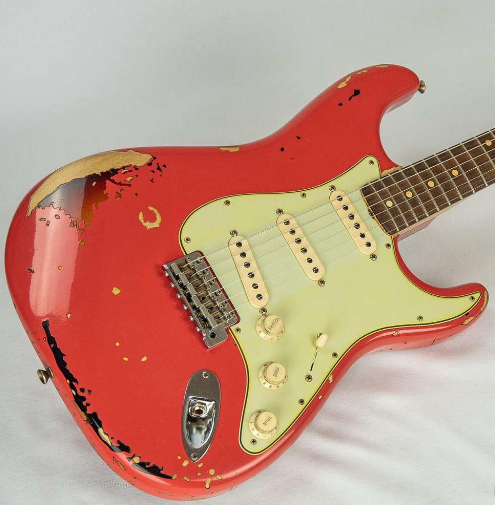 In Stock Michael Landau 1963 Heavy Vintage Fiesta Red Over Sunburst Electric Guitar Alder Body, Maple Neck, Rosewood Fingerboard Tremolo Bridge Whammy Bar