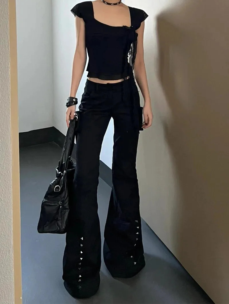 Harajuku High Waist Flared Jeans Black Kpop Retro Y2K Pants Womens Vintage Slim 2000s Skinny Denim Trouser Z260313