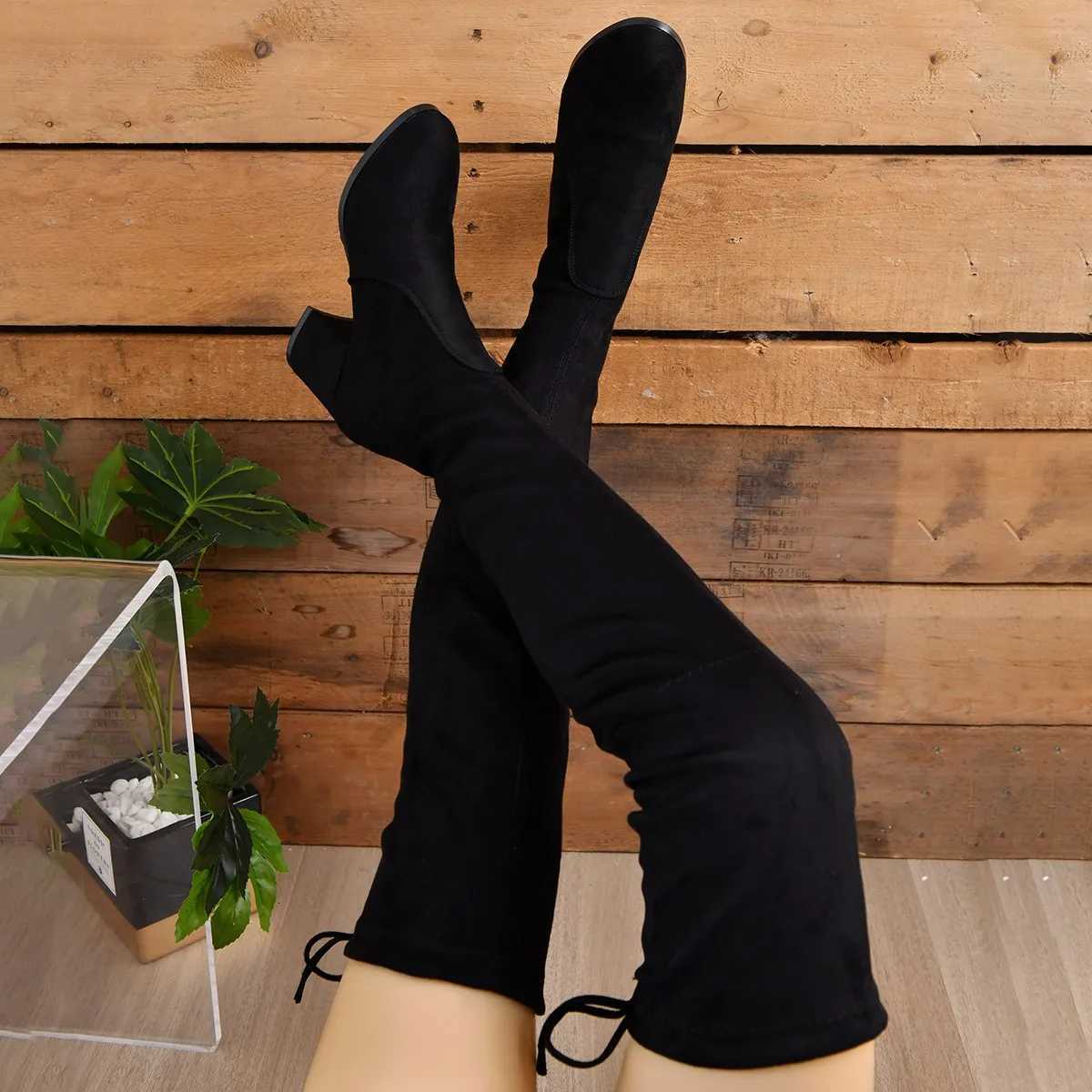 Women Boots Winter Black Over The Knee Boots 2024 New Comfort High Heels Shoes Fashion Warm Lace Up Long tube square heel BootsT251223