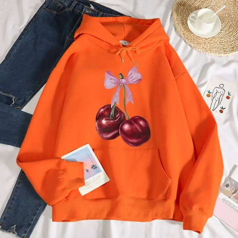 Bow Red Cherry Pattern Printing Hoodie Women Warm Fleece Hoody designer Fashion 2026 Casual Hooded Autumn Loose Round Neck Woman Clothes