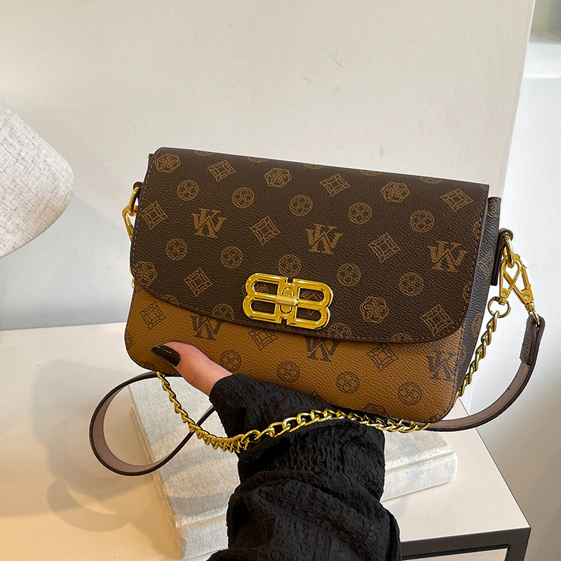 WKwk premium sense 2025 new retro printed chain small square commuter shoulder oblique span bag women