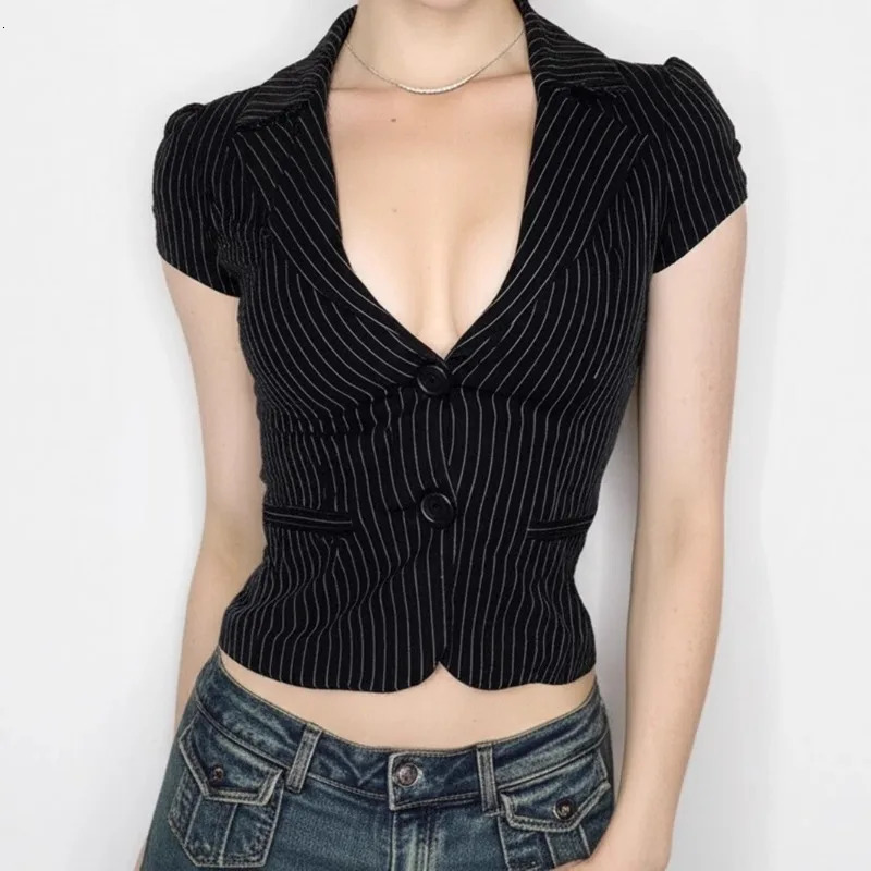 American Sexy V-neck All-match Striped Shirt Women Slim Waist Blouses Summer Short Sleeve Black Blusas De Mujer 251222