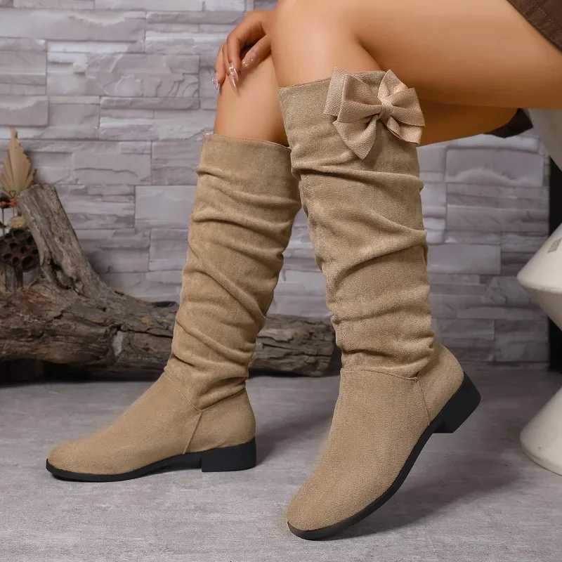 shoes female 2025 hot sale slip-on Womens boots Fashion butterfly-knot Modern Boots Women winter plus size knee-High bootsT251223