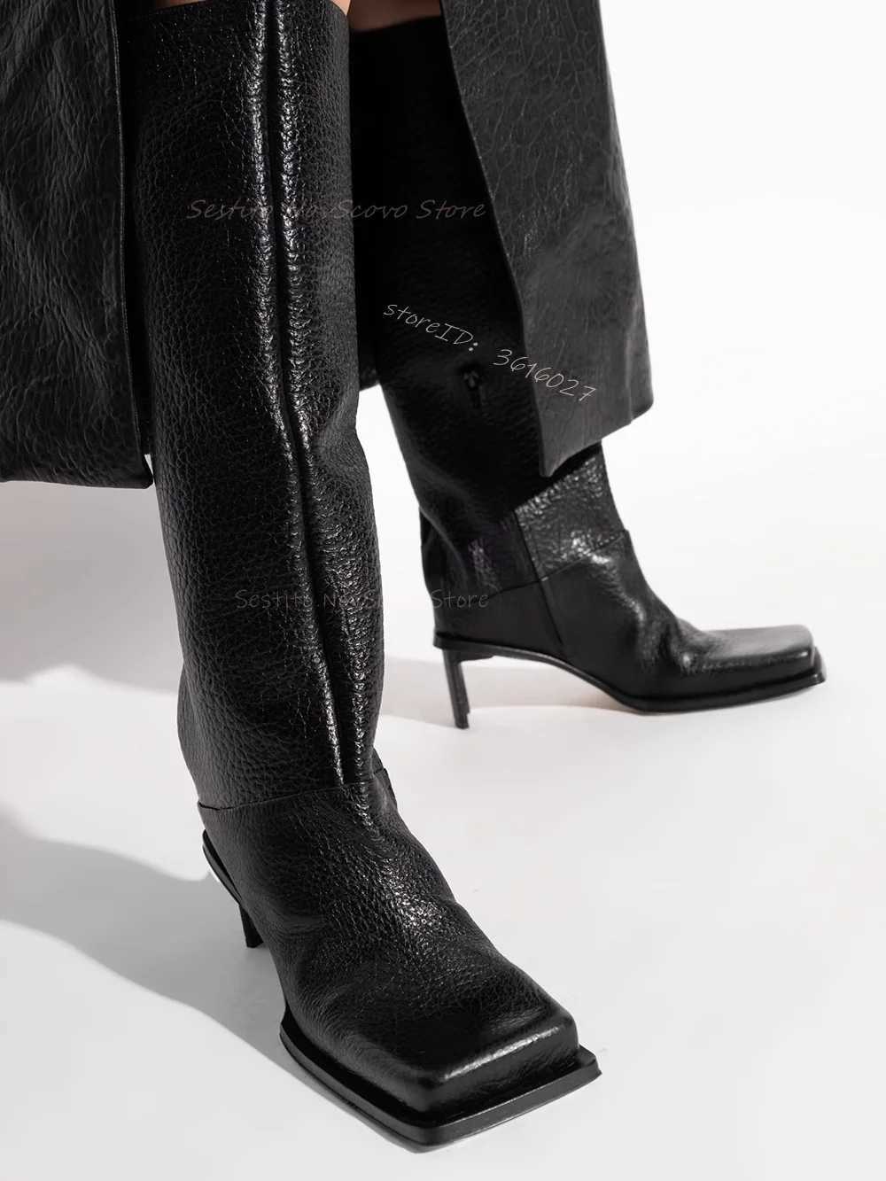 Square Toe Punk Knee High Boots Thin Block Heels Black Leather Size Zip Fashion Sexy Ladies Daily Casual Autumn BootiesT251223