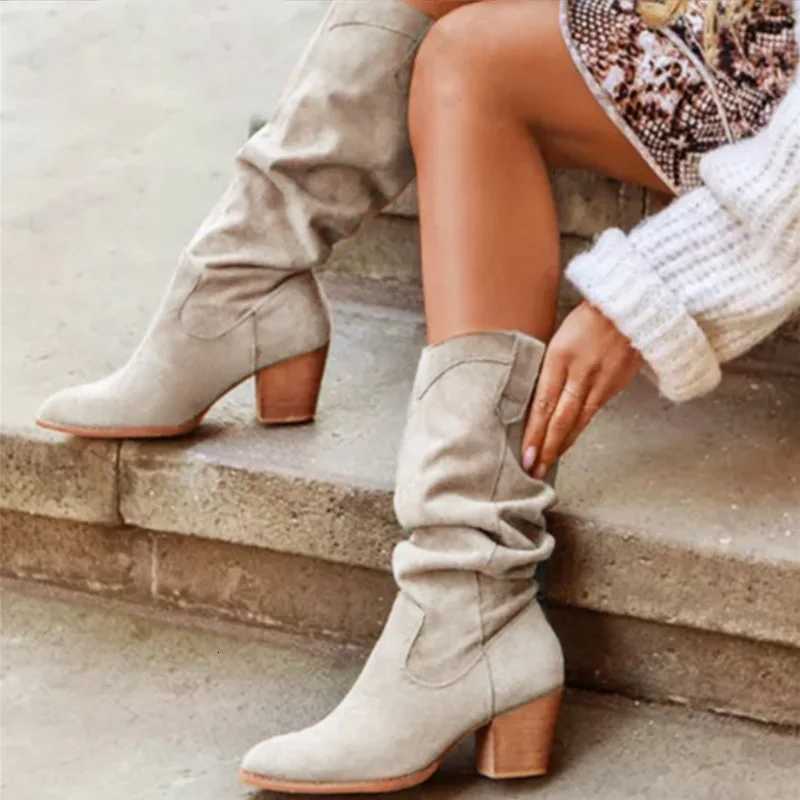 Vintage Pleated Boots Suede Chunky Heels Pointed Toe Womens Mid-Calf BootsT251223