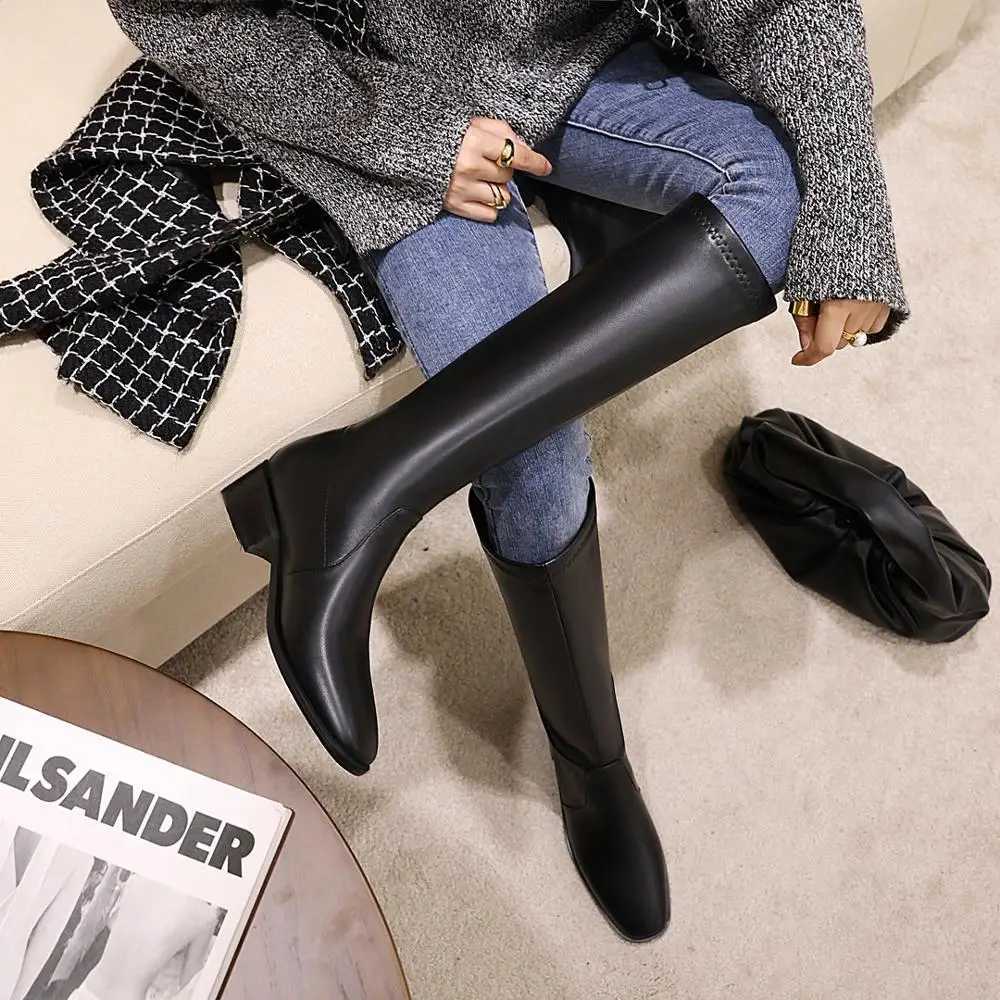 Oversized Square Toe Thick Heel Boots Microfiber Nappa Pattern Brown Knee-Length Boots Side Zipper Autumn Winter Womens ShoesT251223