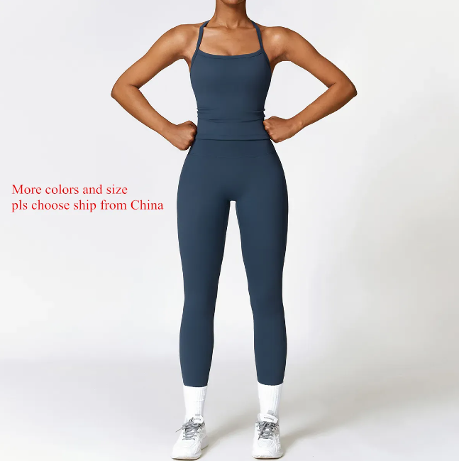 Women Yoga Two-piece Set Short Running Tank Top+ Long Pant Solid Color Sports Bra With Fitness