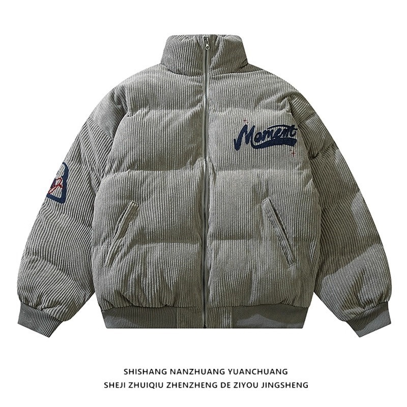 Winter Stand Collar Puffer Jacket Unisex Trendy Loose Thick Corduroy Coat Retro American Style Couple Outerwear