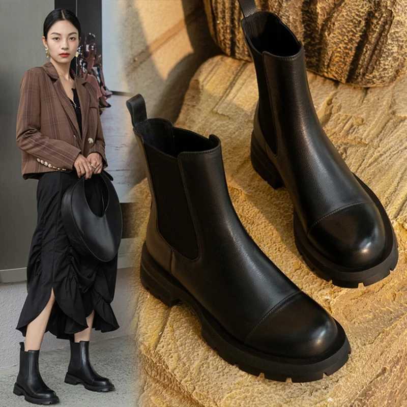 2024 Winter Shoes Women Leather Ankle Boots Women Round Toe Thick Heel Platform Shoes Solid Chelsea Boots Casual Women BootsT251223