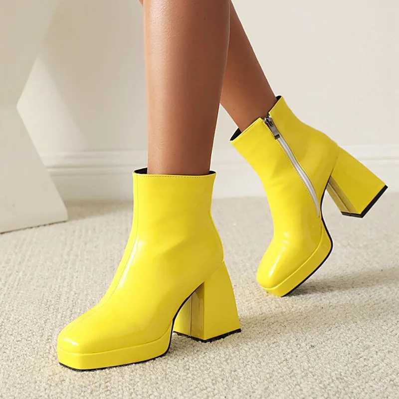 Custom Patent Leather Candy Color Boots Women Square Toe Thick High Heels Women Ankle Boots Platform Shoes Woman Botas WSH4986T251223