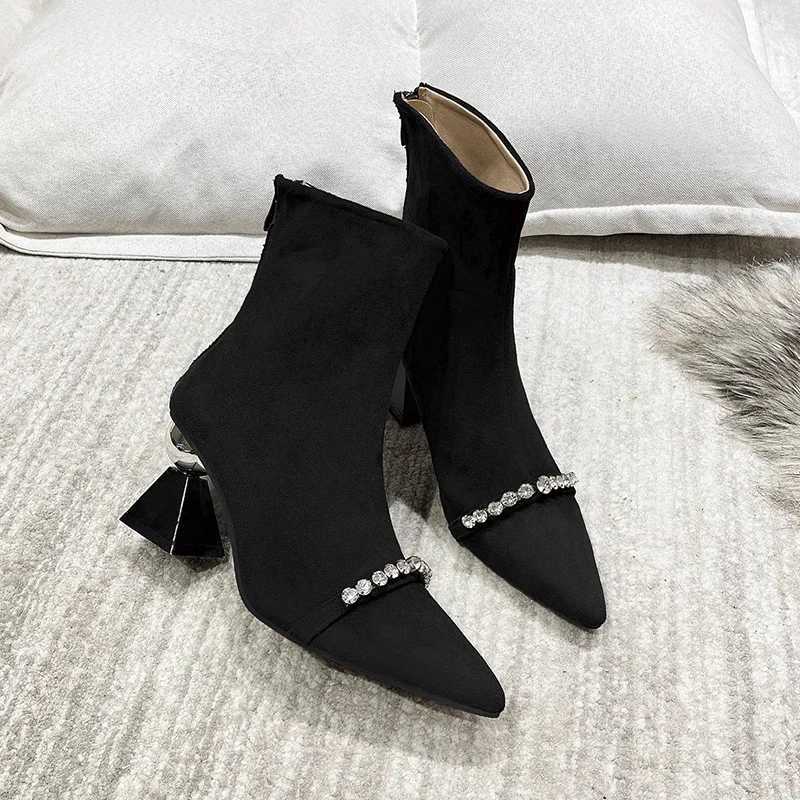 2024 New Fashion Solid Color Pointed Toe Rhinestone Womens Boots Comfortable and Versatile Back Zipper Spring and AutumnT251223