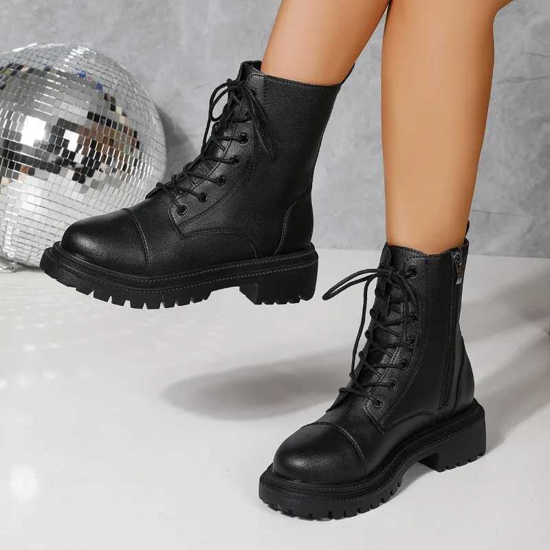 2025 High Quality Ladies Shoes Side Zipper Womens Fashion Lace-up Modern Boots Women New Plus Size Best Seller Mid-Calf BootsT251223