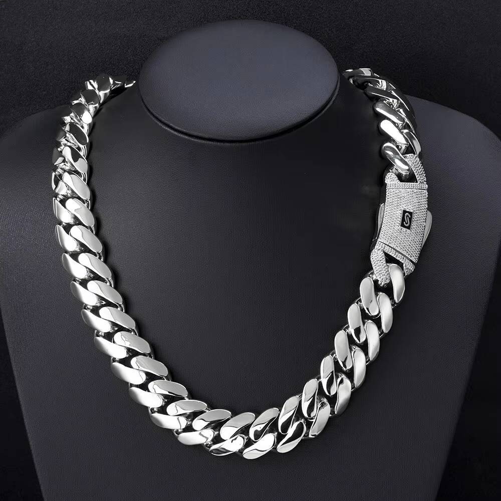 NUOYA High Quality 14K Monaco Chain 925 Silver Cuban Link Necklace Iced Out VVS Moissanite Clasp Smooth Cuban Chain Jewelry