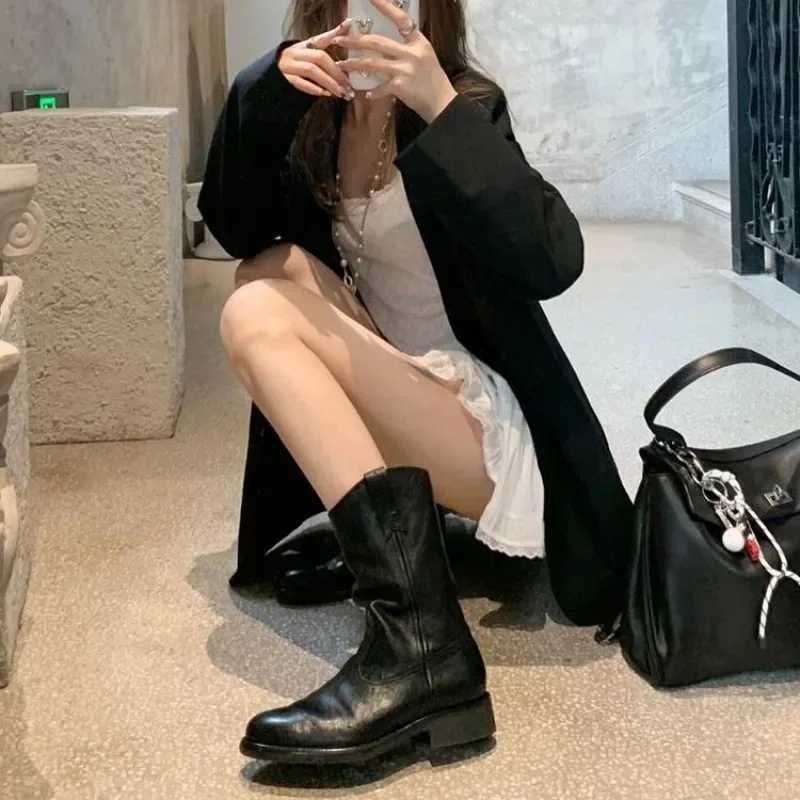 New Fashion Boots for Women Spring/Autumn Square Heel Female Mid-Calf Boots Ladies Slip-On Pointed Toe WESTERN Boots WomenT251223