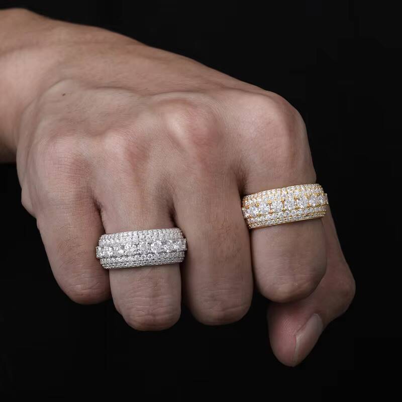 USA Warehouse Fashion Jewelry 5 Rows VVS Moissanite Diamond Bling Band Ring Gold Plate 925 Sterling Silver Wedding Ring for Men