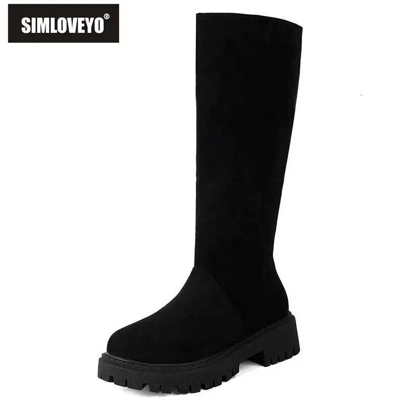 SIMLOVEYO Flock Women Boots Round Toe Thick Heels 45cm Platform 25cm Size 44 45 Leisure Soft Daily Knee BotaT251223