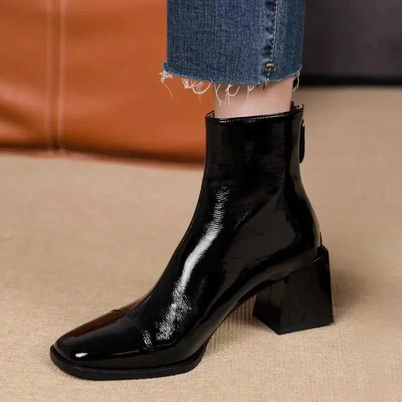 2025New Patent Leather Womens Autumn and Winter Square-toed Chunky Heel Shows Slimming High-heeled Short-leg BootsT251223