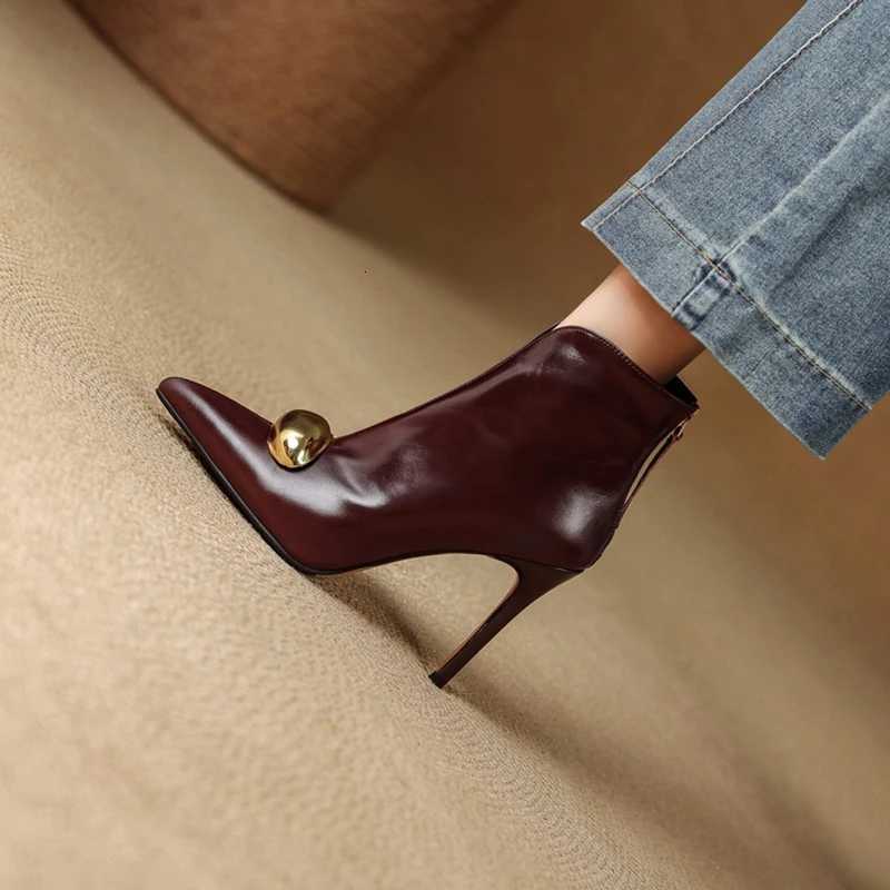 NEW Autumn Ankle Boots Genuine Leather Shoes for Women Pointed Toe Thin Heel Shoes Zip Metal Modren Boots Super High Heel BootsT251223