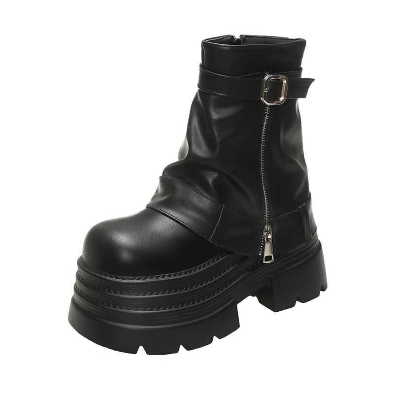 Womens Autumn Winter Leather Ankle Boots 10CM Heels Chunky Platform Combat Boots New Non Slip Motorcycle Shoes Woman Punk BootsT251223