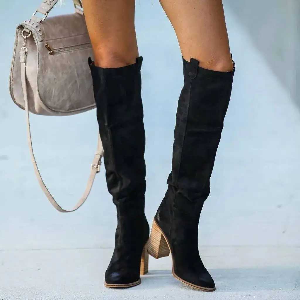 Chunky High Heel Pointed Toe Knee High Boots 2026 Women ShoesT251223