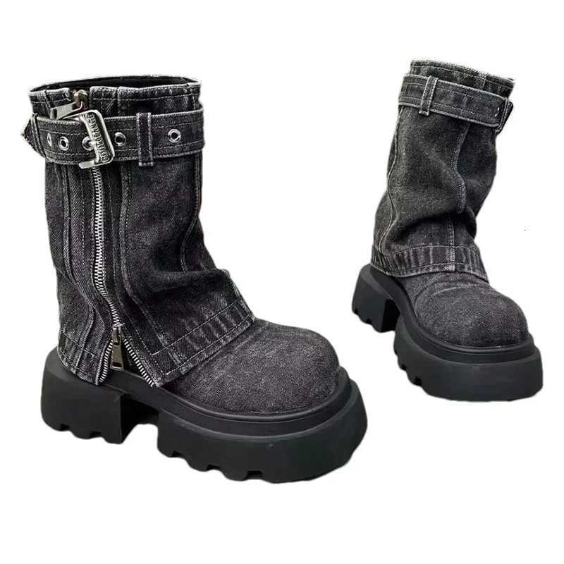 Women Cowboy Mid-calf Boots Zipper Platform Mid Heels Designer Shoes Winter New Motorcycle Boots 2024 Fad Trend Mujer ZapatosT251223