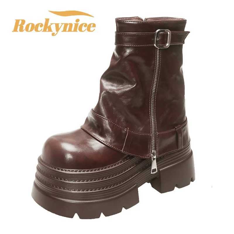 Womens Autumn Winter Leather Ankle Boots 10CM Heels Chunky Platform Combat Boots New Non Slip Motorcycle Shoes Woman Punk BootsT251223