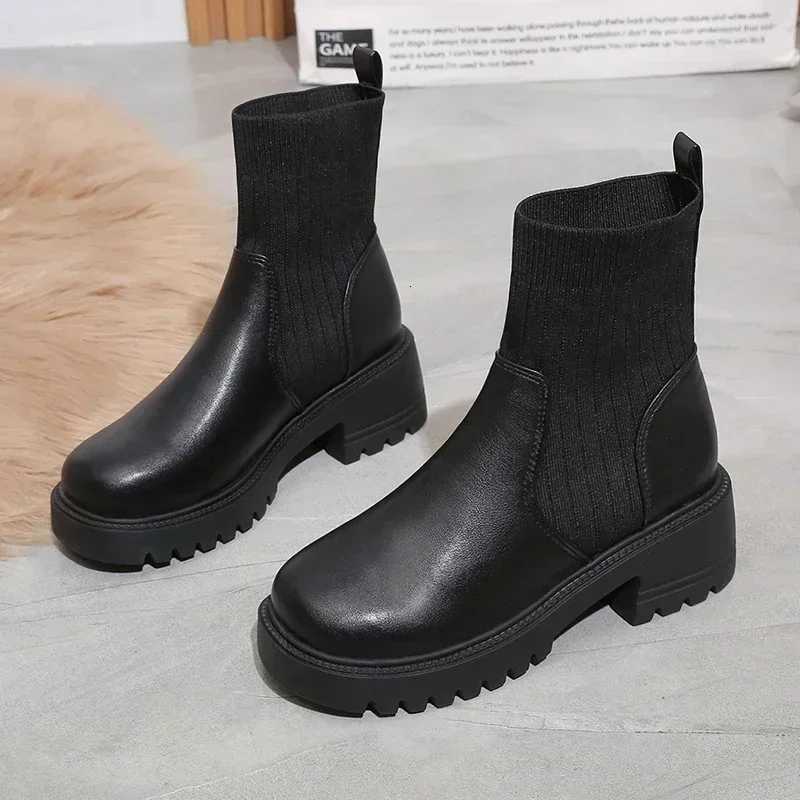 2025 Autumn Winter Fashion Women Chelsea Boots Female PU Leather High Heels Boots Platform Shoes Ladies Knitted Sexy Ankle BootsT251223