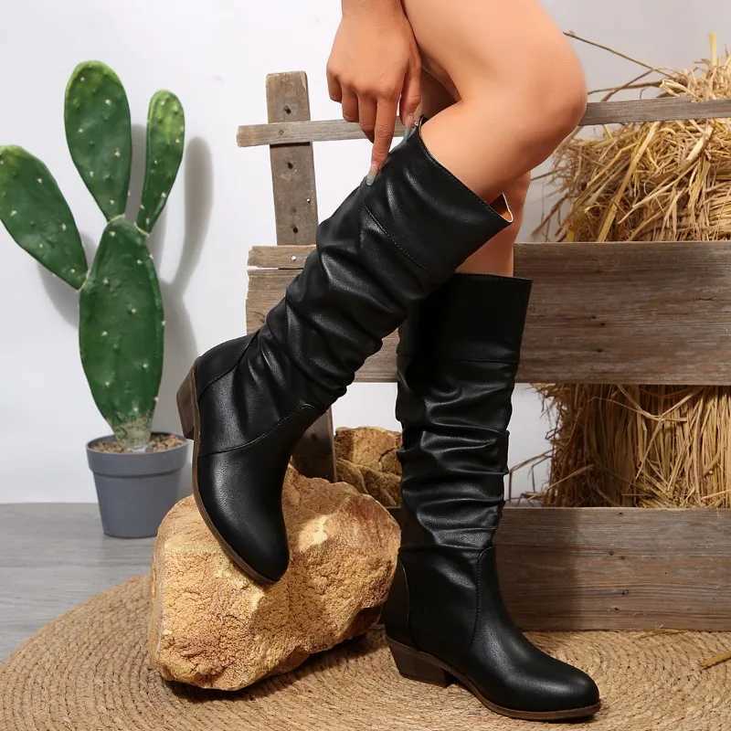 Ladies Shoes 2025 Hot Sale Slip-on Womens Boots Fashion Pleated Modern Boots Women New Round Toe Plus Size Knee-High BootsT251223