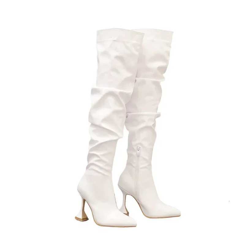 2024 New Stiletto Pointed Leather Boots Women Toe White Heeled Knee Boots Heel Side zipper Thigh Gigh BootiesT251223