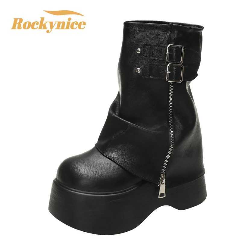 Soft Leather Ankle Mid Calf Boots Winter Autumn High Platform Wedge British Booties Woman New Ladies Chunky Motorcycle Boots 9CMT251223
