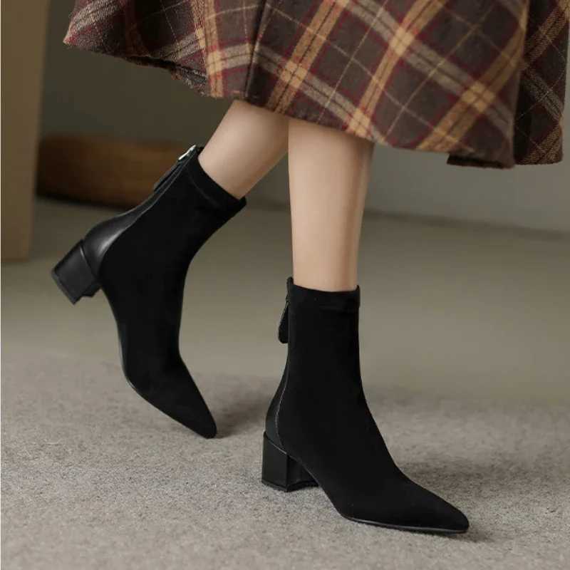 Womens Elastic Boots 2025 Autumn/winter New Pointed Suede Nude Color Non-slip Back Zipper High-heeled Fashion Boots Botas MujerT251223