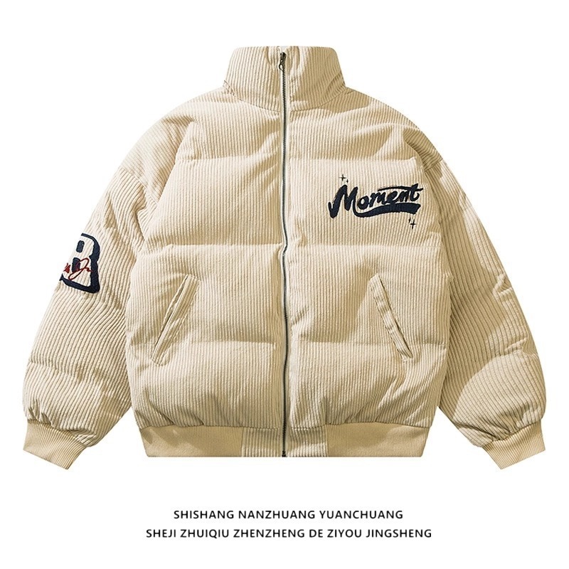 Winter Stand Collar Puffer Jacket Unisex Trendy Loose Thick Corduroy Coat Retro American Style Couple Outerwear