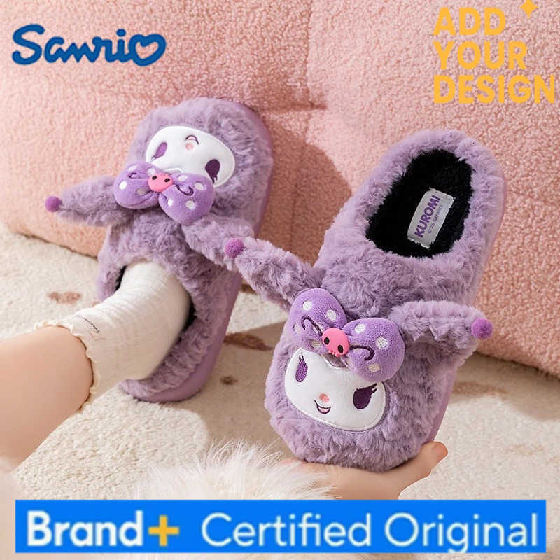 Sanrio Kids Slippers House Shoes Cartoon Kuromi Bow Winter Shoes For Girls Warm Anti-slip Home Slipper Pruple Black Shoes H251223