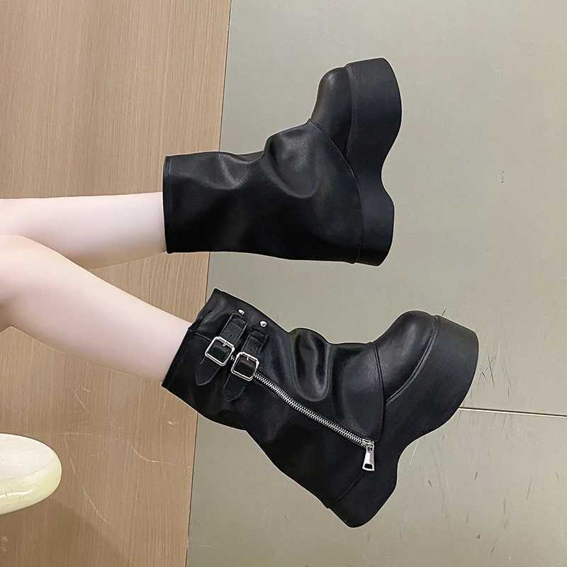 Soft Leather Ankle Mid Calf Boots Winter Autumn High Platform Wedge British Booties Woman New Ladies Chunky Motorcycle Boots 9CMT251223