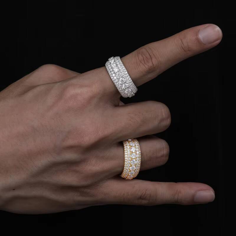 USA Warehouse Fashion Jewelry 5 Rows VVS Moissanite Diamond Bling Band Ring Gold Plate 925 Sterling Silver Wedding Ring for Men