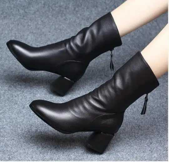 Real soft leather mid-calf boots womens fashion riding boots 2024 new autumn and winter mid-heel ankle boots thickT251223