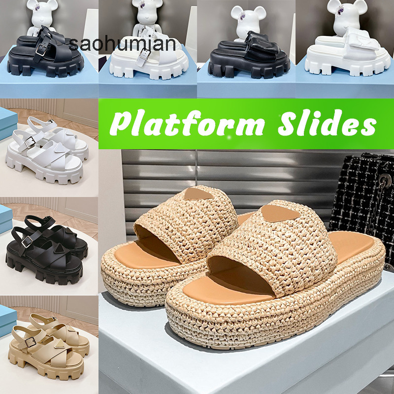 Designer Slide Sandals for Women - Crochet Platform Leather Slippers Casual Buckle Beach Slides Home Outdoor Shoes pradaprada pradas pradashoe 3VHH