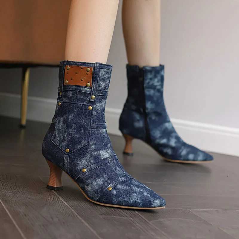 2025 Winter Fashion Boots Women Denim Cloth Pointed Toe Ankle Boots Low Heel Custom Women Shoes botas mujer Plus Size 43 WSH4932T251223
