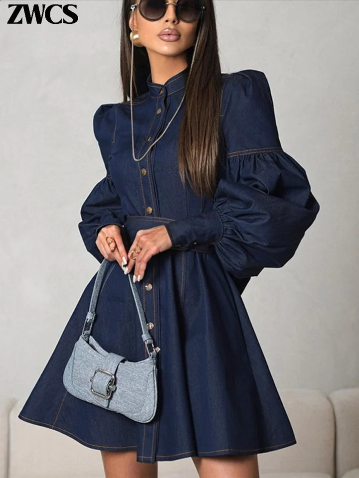 Vintage Denim Bow Belt Dres Elegant Stand Collar Long Lantern Sleeve Button Short Dresses 2025 Spring Lady Chic Robes 251223