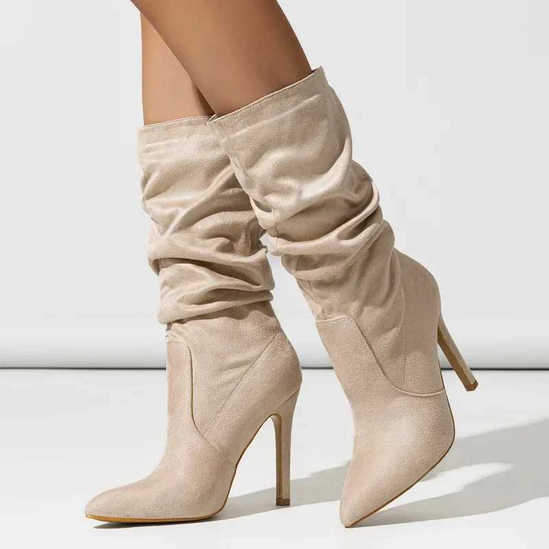 Women Pleated High Thin Heel Mid-calf Boots OL Outdoor Nightclub Evening Party Wedding Banquet Soical Gathering Botas De MujerT251223
