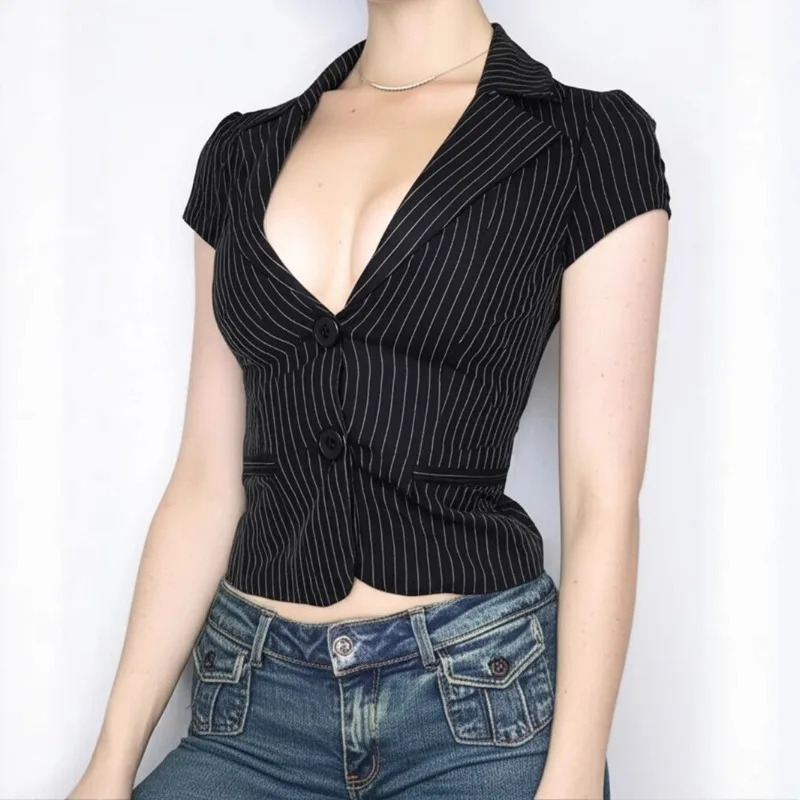 American Sexy V-neck All-match Striped Shirt Women Slim Waist Blouses Summer Short Sleeve Black Blusas De Mujer 251222